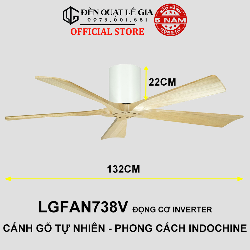 Quạt Trần Cánh Gỗ Phong Cách Indochine LÊ GIA LGFAN738G - Chiều Cao 22cm - Sải Cánh 132cm - Bảo Hành 5 Năm