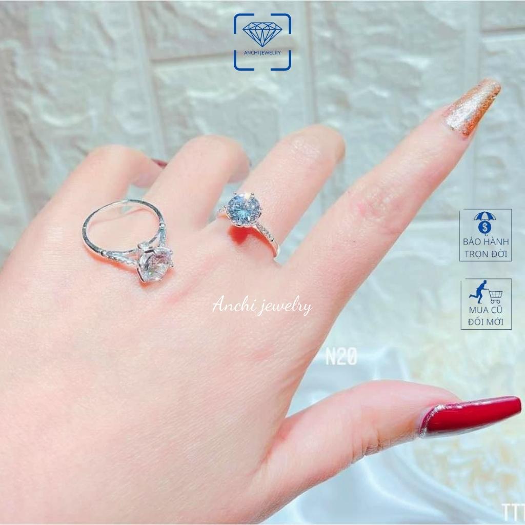 Nhẫn bạc trơn đính đá tròn nhỏ nhô cao màu trắng, nhẫn nữ bạc thật, Anchi jewelry