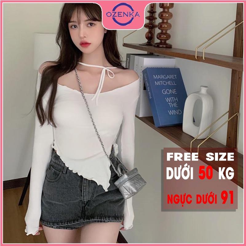 Áo thun croptop tay dài sẻ gấu cổ rộng nữ OZENKA chất thun gân cao cấp 100% cotton màu đen trắng free size dưới 50 cân