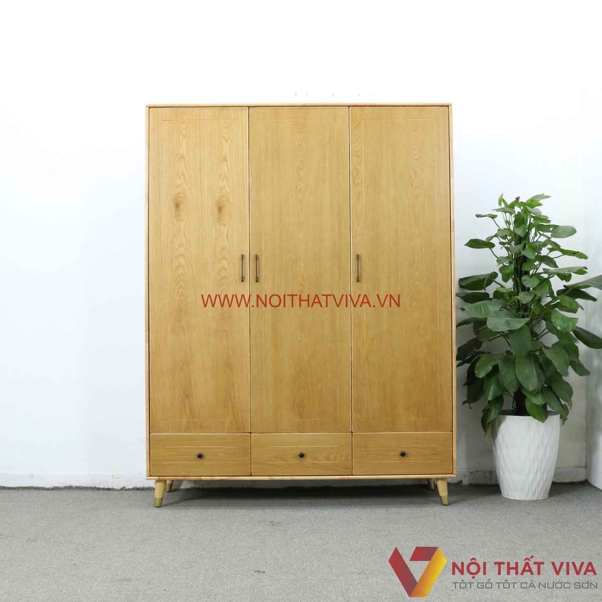 Tủ Quần Áo 3 Cánh Gỗ Tự Nhiên Màu Sồi Chân Cao Hiện Đại Đẹp Giá Rẻ