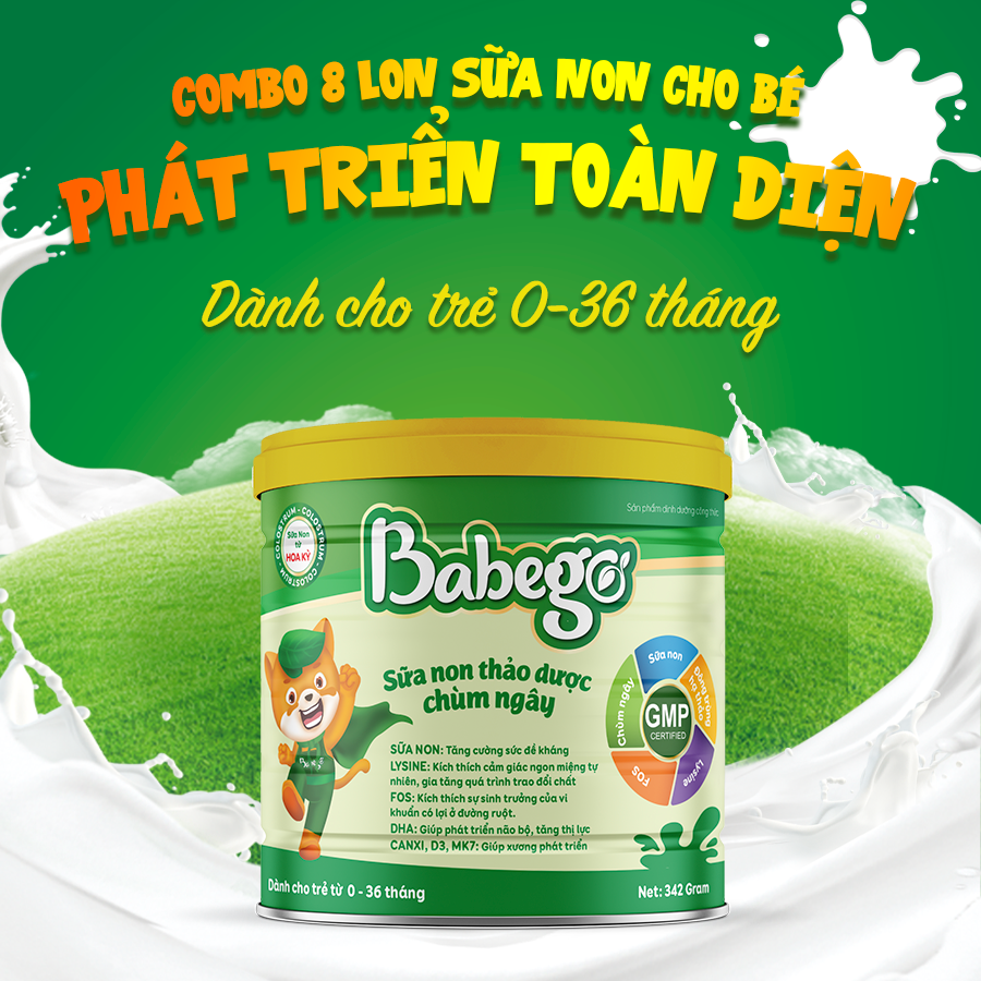 Combo 8 lon sữa non thảo dược chùm ngây Babego cải thiện biếng ăn, táo bón, chậm tăng cân, hay ốm vặt - Dòng cao cấp