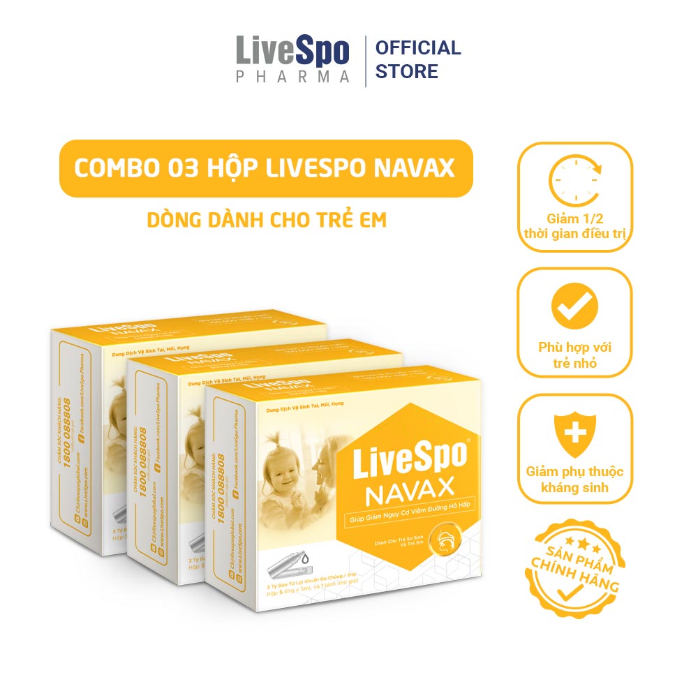 [Combo 3 Tặng 1] Combo3 hộp nước muối sinh lý bào tử lợi khuẩn LiveSpo NAVAX- Dành cho trẻ sơ sinh và trẻ em Hộp 5 ống x 5ml