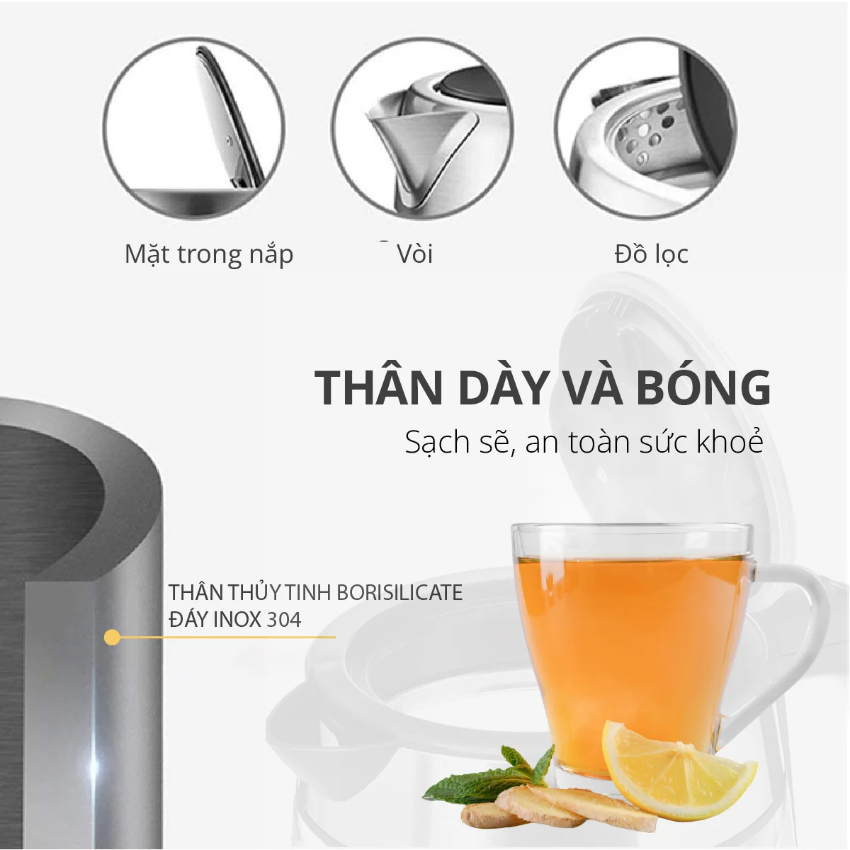 Bình đun 1.8L thủy tinh borosilicate mâm inox 304 Mishio MK341 - Hàng chính hãng