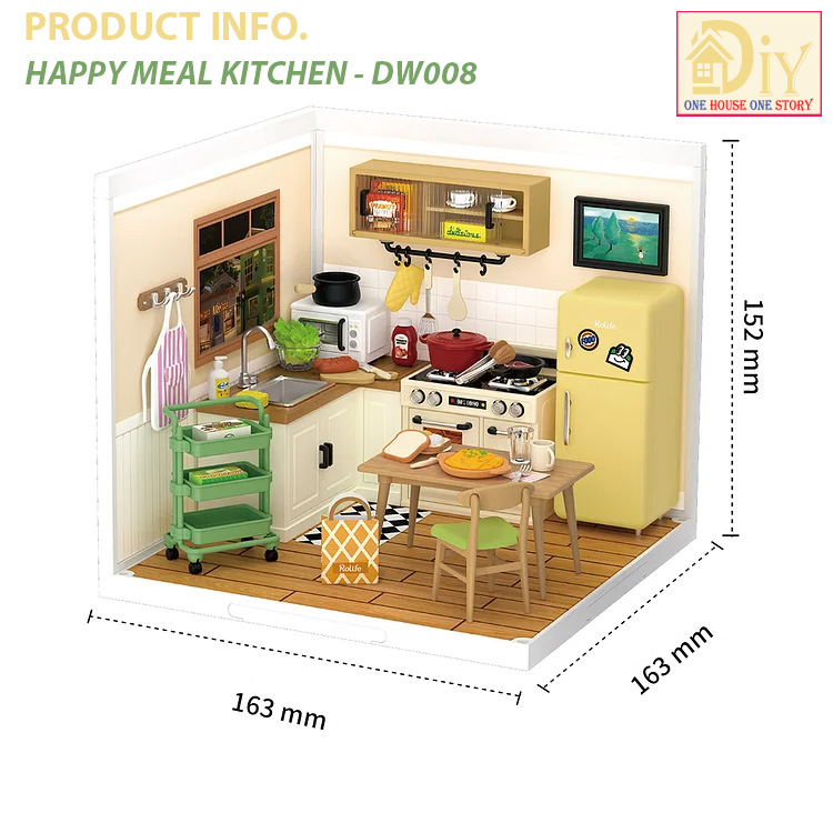 [Bản Tiếng Anh] Nhà Búp Bê tự làm Robotime bằng Nhựa ABS có đèn led. DW008 Rolife Super Creator HAPPY MEAL KITCHEN