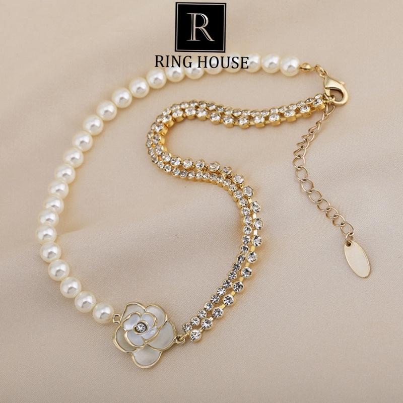 Dây Chuyền Choker Nữ Titan Không Gỉ Đen Hoa Hồng Hạt Trai Đính Ngọc Sang Trọng Đẹp Ring House