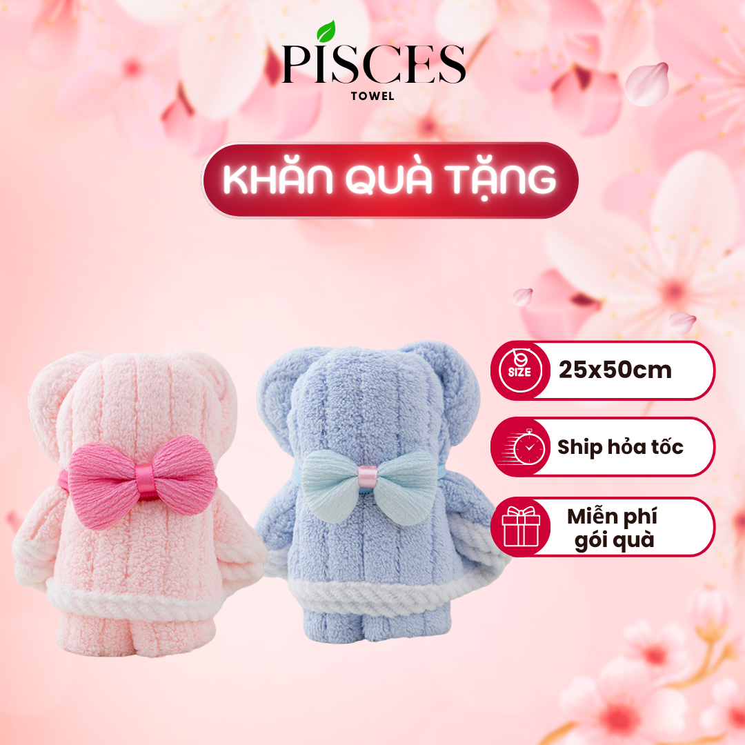 Khăn Mặt Hình Gấu Nơ Làm Quà Tặng PISCES TOWEL 25x50cm Cotton Mềm Mại, Khăn Làm Quà Tặng Bạn Gái