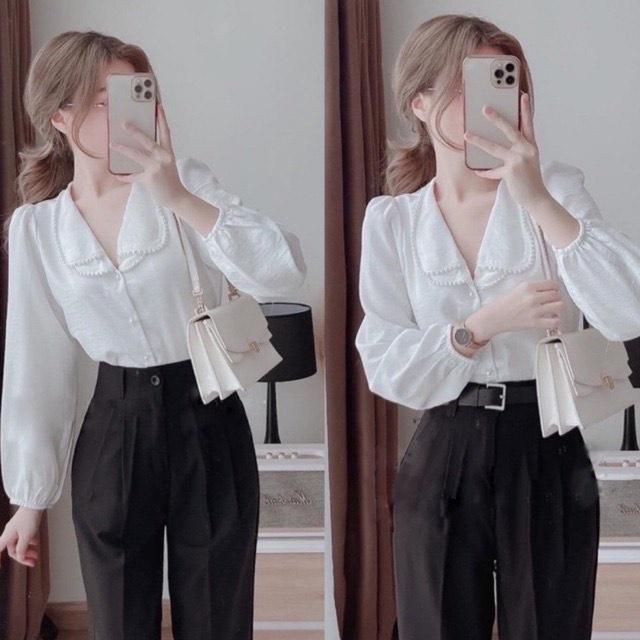 Áo Sơ Mi Cổ Bẻ Viền Ngọc Đi Học Đi Làm Siêu Xinh