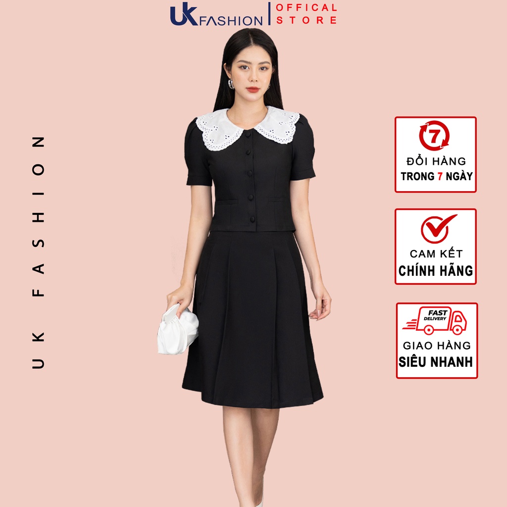 Set Đồ Nữ UK Fashion Thiết Kế Áo Croptop Cổ Ren Kết Hợp Chân Váy Xếp Ly Vải Hàn Cao Cấp NKFBD2203002