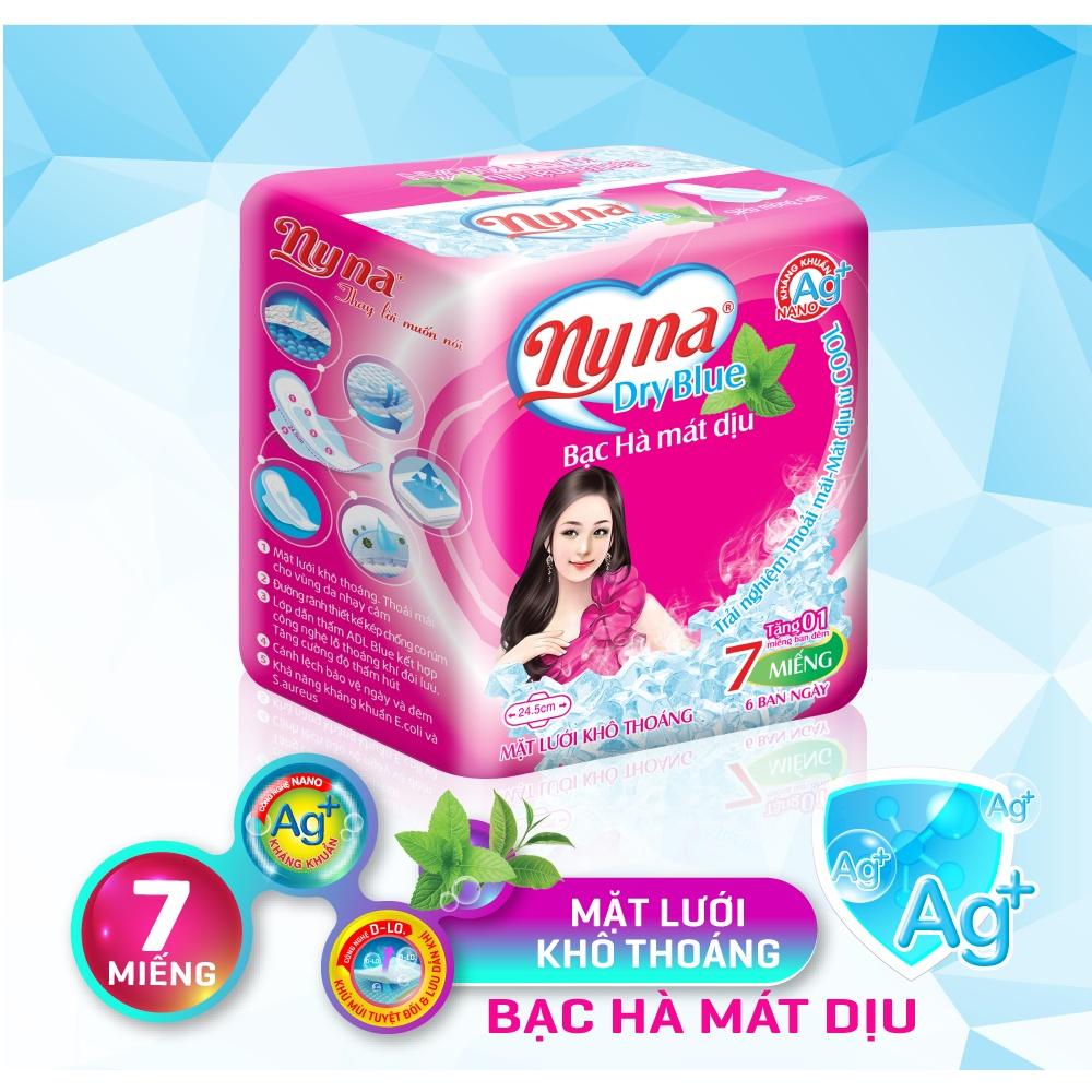 Băng Vệ Sinh NYNA Dryblue 7 Miếng Mẫu Hồng - Băng Vệ Sinh ban ngày có cánh . BVS kháng khuẩn. Băng vệ sinh phụ nữ mặt lưới 3D khô thoáng, chống tràn. Băng vệ sinh Nyna chính hãng-1 Lốc Gồm 8 Gói