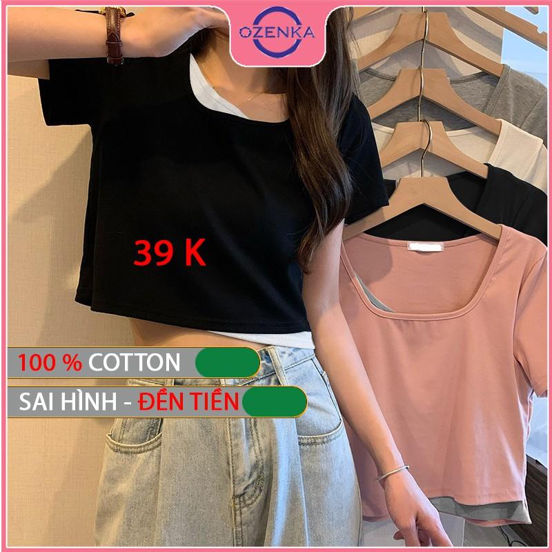 Áo croptop cổ vuông tay ngắn nữ ôm body cải màu xinh xắn chất thun gân cotton 100% nhiều màu một size dưới 50 kg 