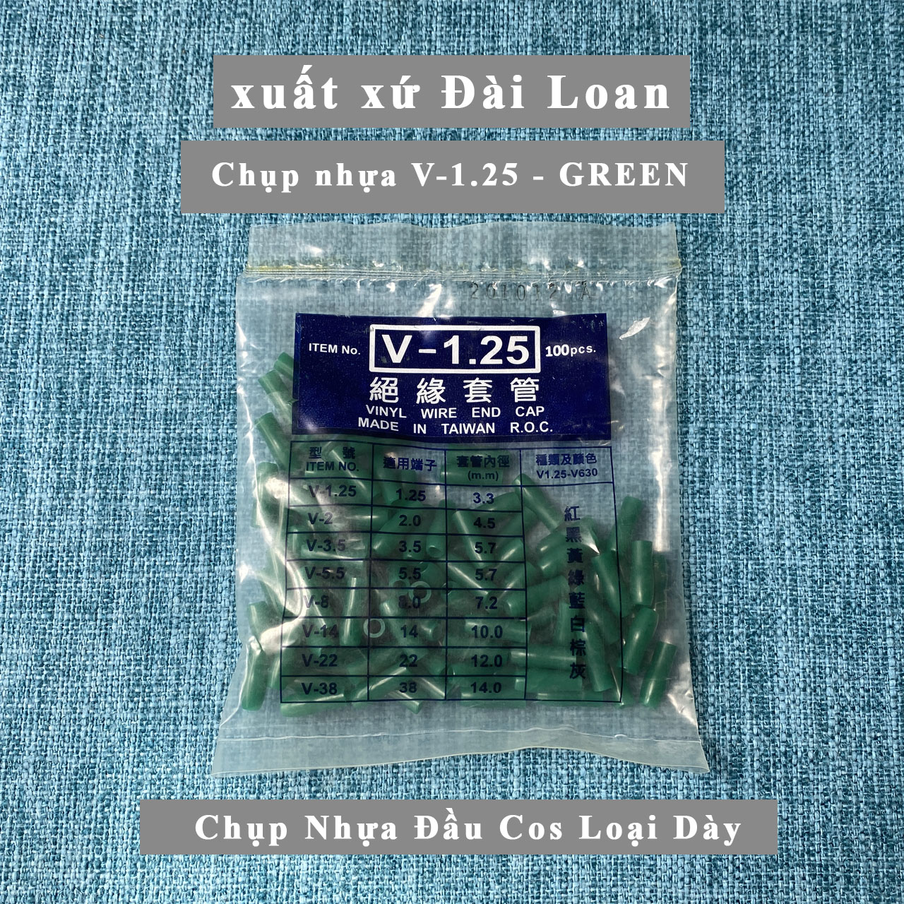 Chụp nhựa đầu cos V-1.25 -Loại dày, xuất xứ Đài Loan, Đúng size Chuẩn màu, 5 màu: Đỏ - Vàng - Xanh lá cây - Xanh da trời - Đen