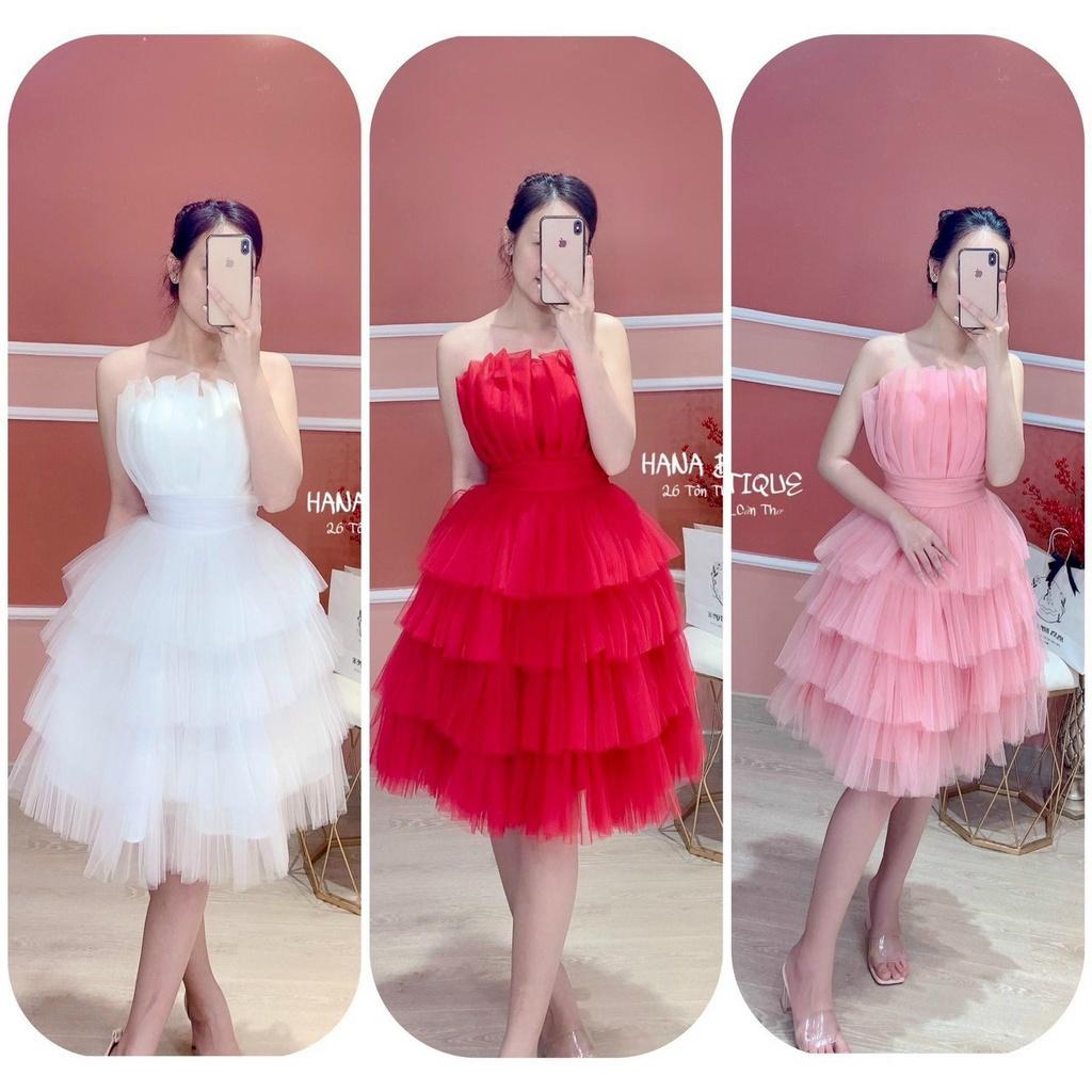 Đầm xoè lưới công chúa cúp ngực xếp tầng xinh xắn