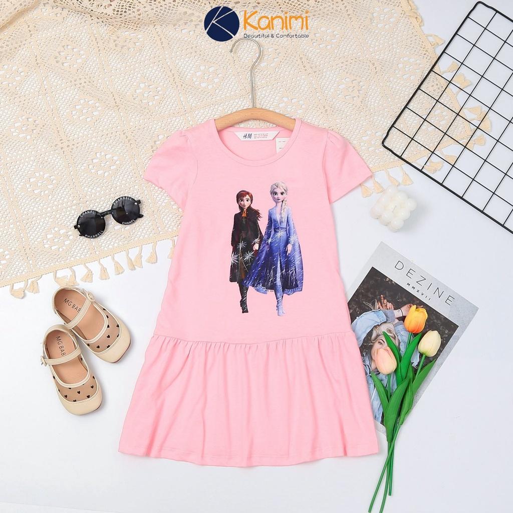 Váy cotton bé gái 2-10 tuổi cộc tay nối chuyền in 3D, Đầm cho bé thấm hút mồ hôi