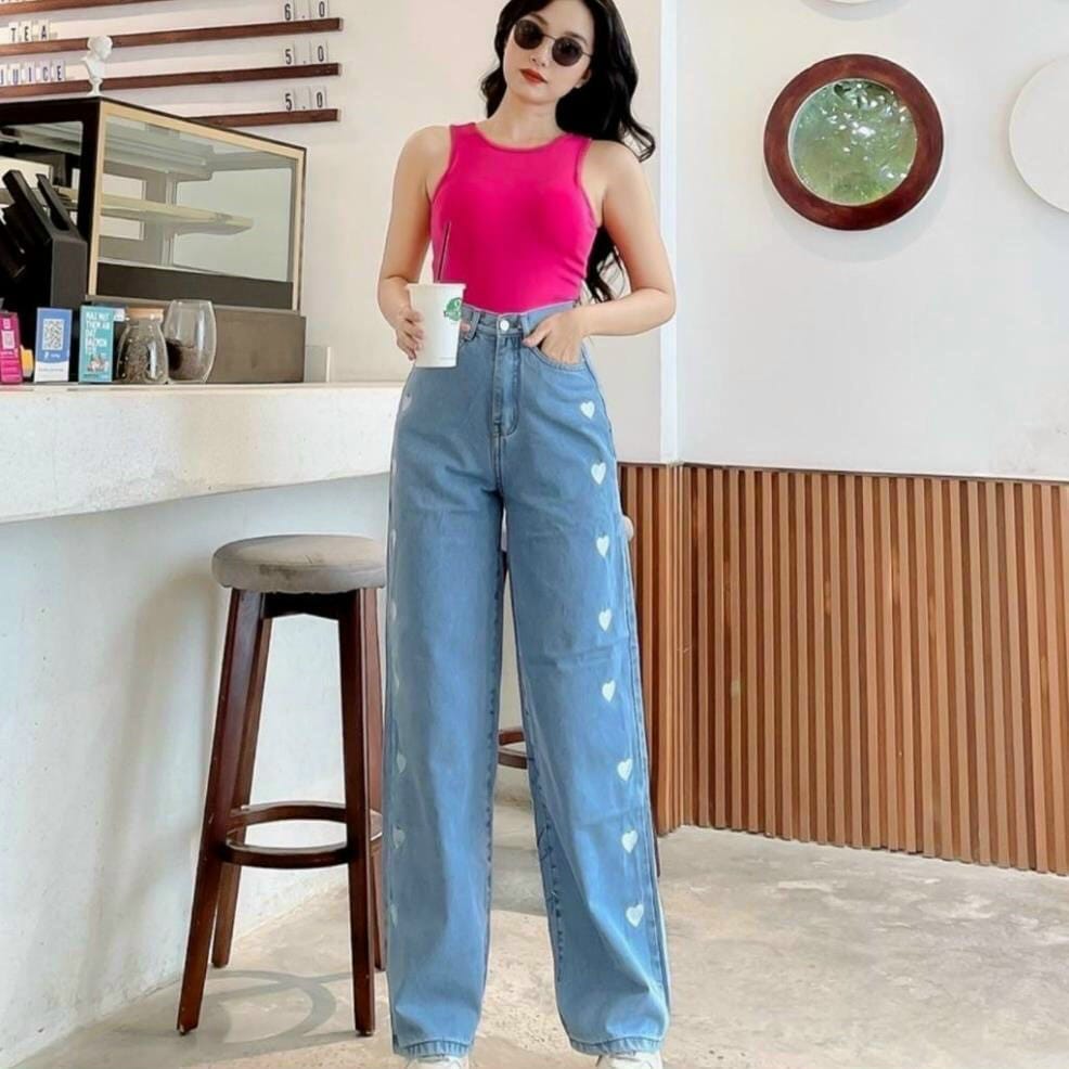 Quần Jeans Nữ, Quần Bò Nữ  Ống Rộng Cạp Cao Họa Tiết Trái Tim Phong Cách Thời Trang Hàn Quốc