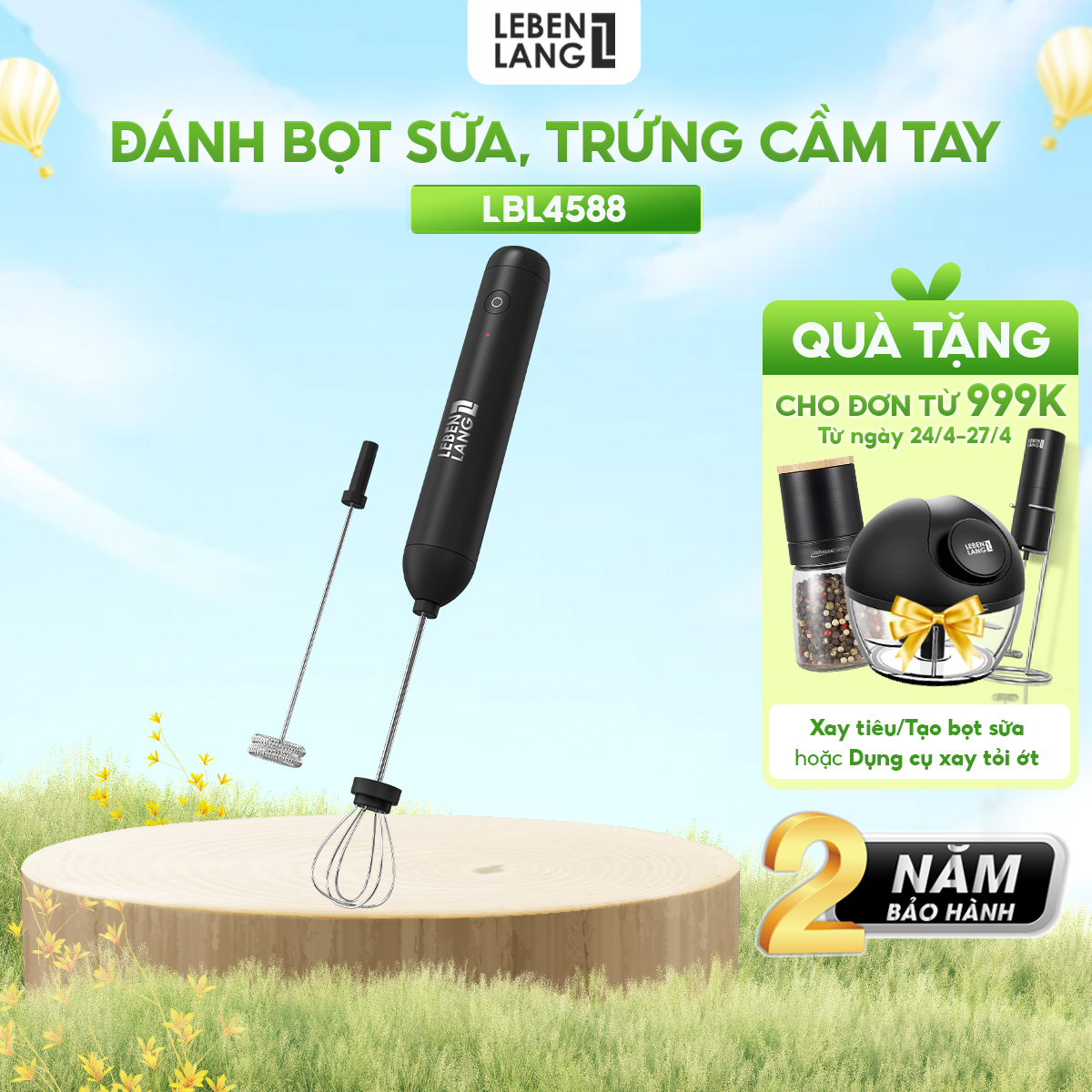 Máy đánh trứng, máy đánh bọt cafe cầm tay mini Lebenlang LBL4588, 2 tốc độ, sạc pin usb tiện dụng - hàng chính hãng