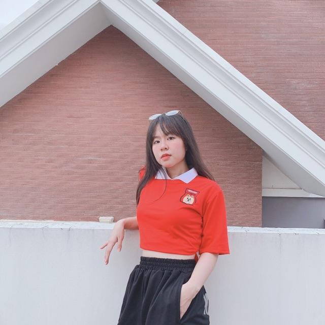 Áo kiểu croptop cổ bẻ lo go thêu nữ