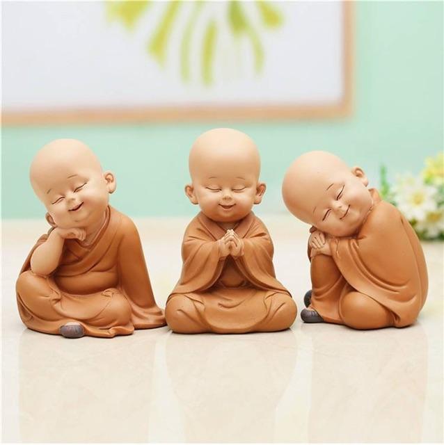 Bộ 3 chú tiểu vàng - mẫu chú tiểu áo nâu ngồi 13,5cm