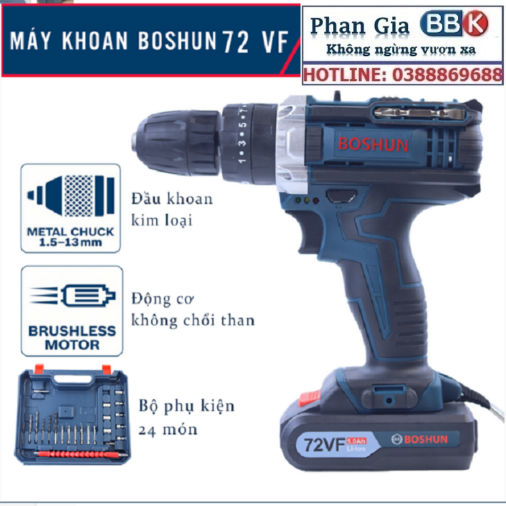 MÁY KHOAN PIN BẮT VÍT BOSHUN 72V CÓ BÚA - 3 CHỨC NĂNG - MOTOR 100% DÂY ĐỒNG - BẢO HÀNH 12 THÁNG