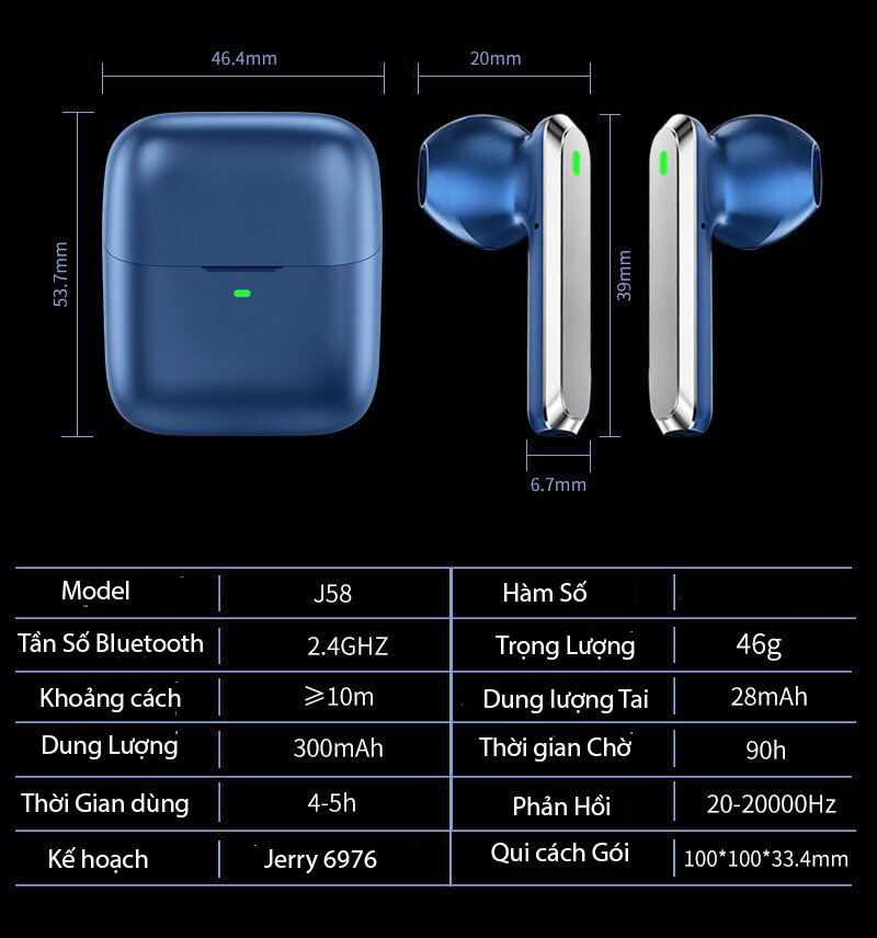 Tai nghe bluetooth không dây Anncoe j58 True Wireless chống ồn hiệu quả - Thiết kế trẻ trung, cá tính – Định vị - Cảm ứng – Thời gian sử dụng lên tới 4h - Hàng Chính Hãng