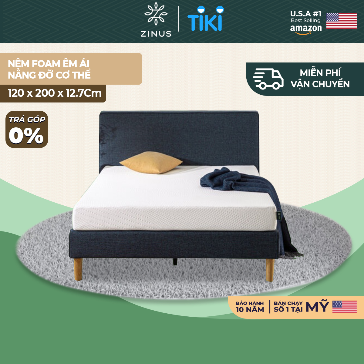 Nệm Foam Zinus Êm Ái Mềm Mại Nâng Đỡ Cơ Thể - 12.7cm Foam Mattress