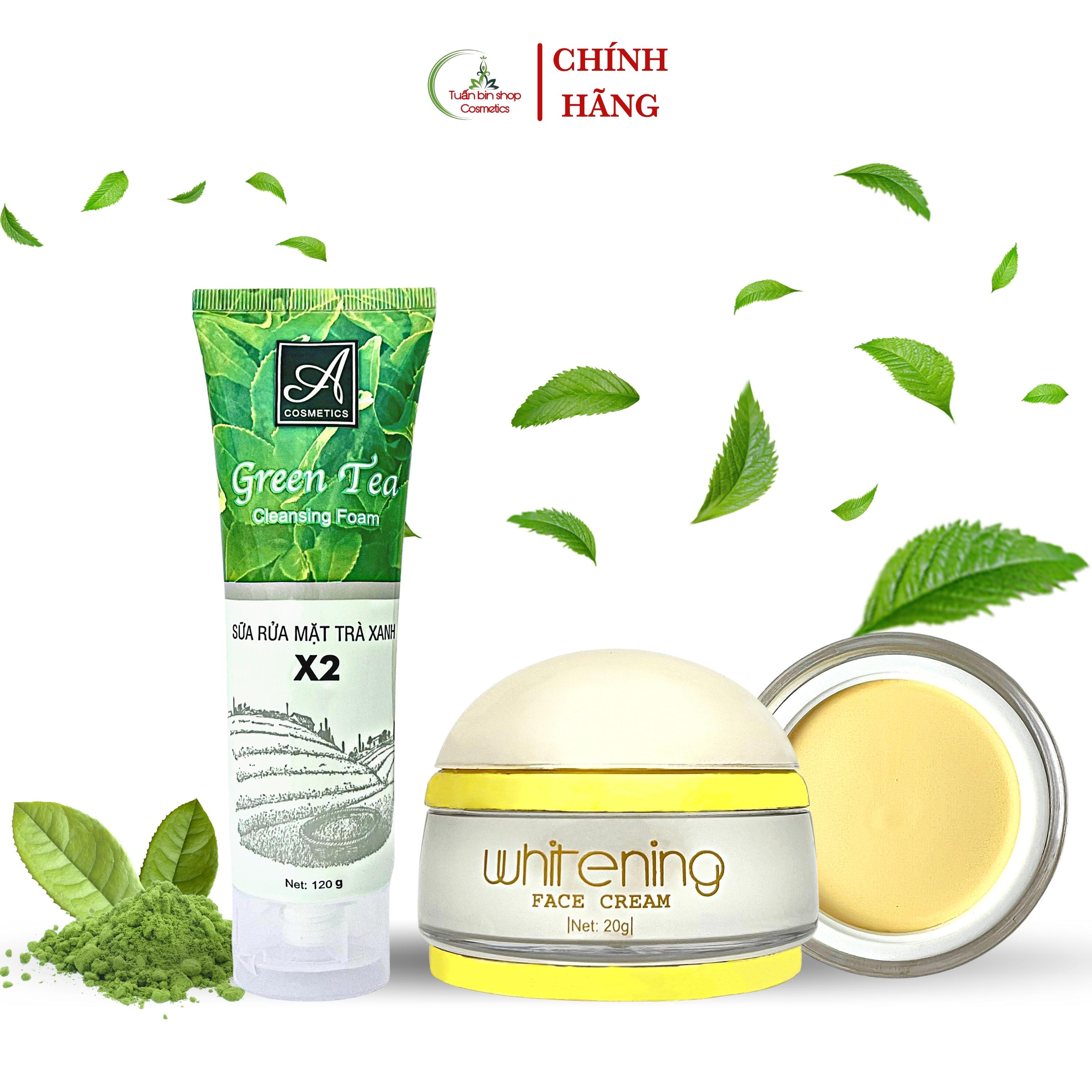 Combo dưỡng trắng da mặt, kiềm dầu, sáng da Acosmetics, kem face pháp, sữa rửa mặt trà xanh x2 140g