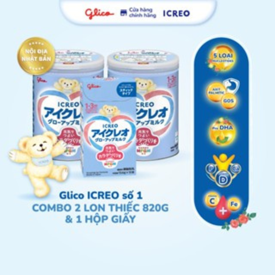 Set 2 lon Sữa Bột Glico ICREO Grow - Up milk và 1 hộp 10 thanh cùng loại (Sữa số 1)