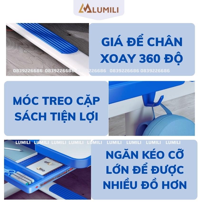 bàn học có giá sách cho bé Lumili M8 chống gù chống cận, kèm kệ sách, phù hợp cho học sinh tiểu học