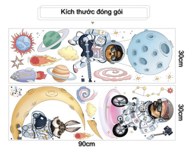 Decal trang trí tường - 2 Chú chó phi hành gia và chú thỏ trắng