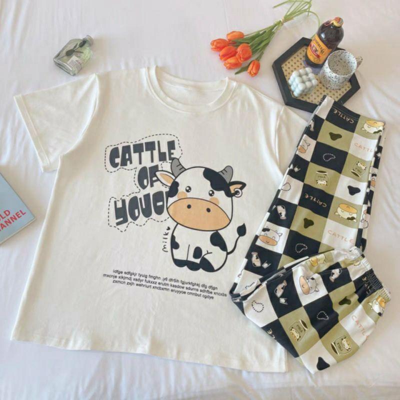 Đồ bộ nữ cộc tay mặc nhà thời trang mới nhất - Chất liệu Cotton cao cấp Đồ bộ thun quần dài, đồ mặc ở nhà Quảng Châu, họa tiết hoạt hình bò sữa dễ thương
