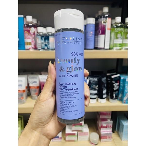 Nước hoa hồng Eveline Beauty & Glow làm sáng da Glycolic axit 200ML