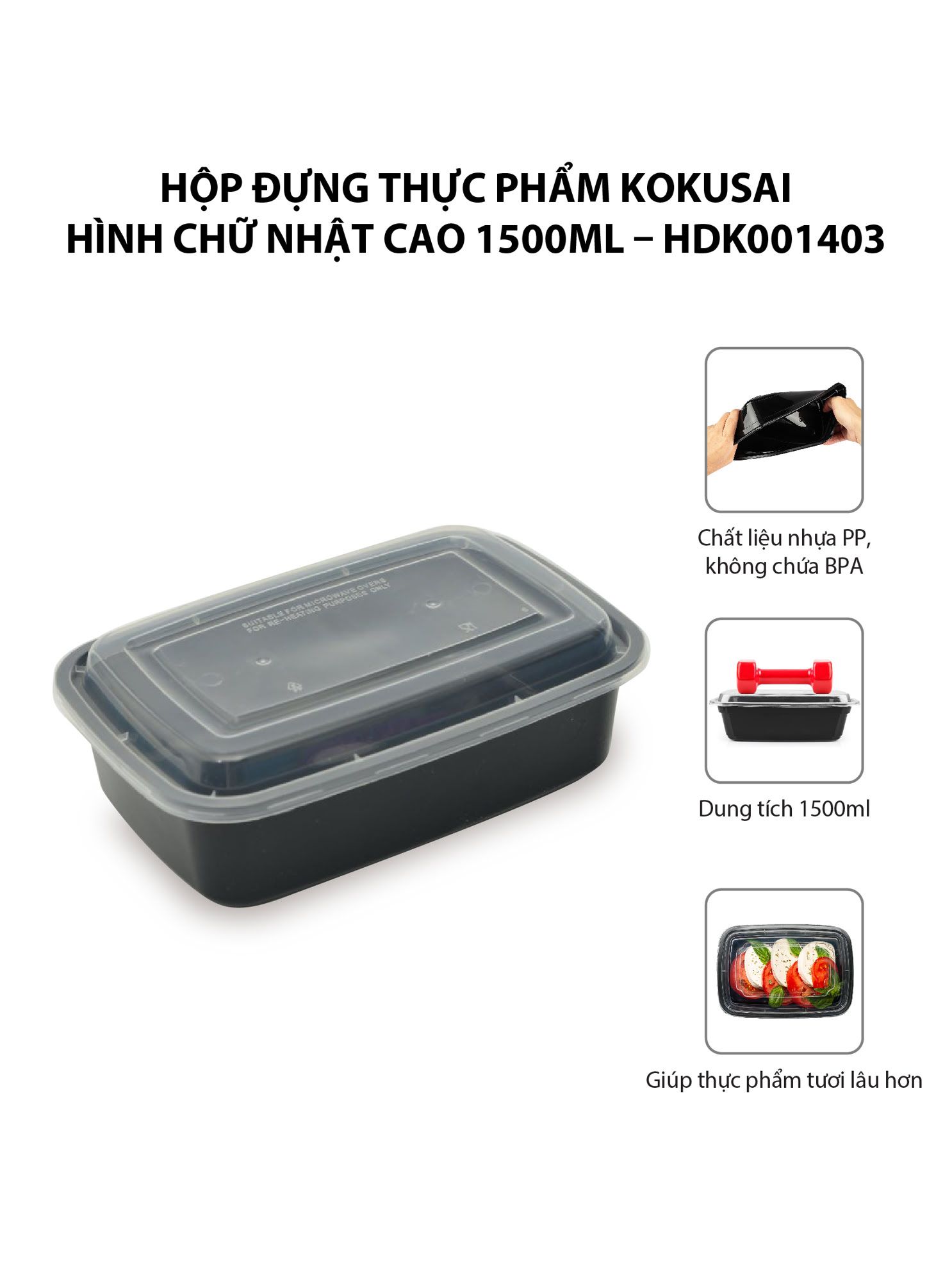 Hộp đựng thực phẩm Kokusai Hình chữ nhật cao 1500ml, dùng được trong lò vi sóng – HDK001403 - Hàng chính hãng