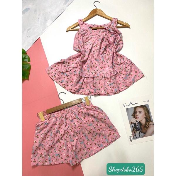 Set đồ nữ,đồ bộ nữ,đồ ngủ mặc nhà đùi vải lụa cổ yếm hoa nhí siêu cute.
