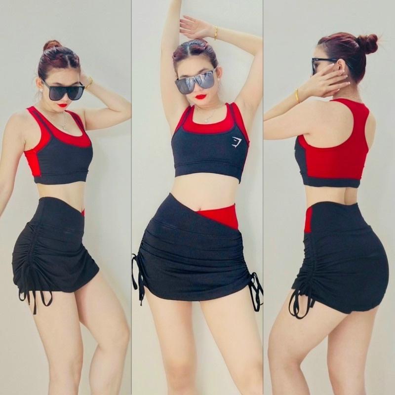 Set bộ tập áo bra váy rút dây phối màu hit hot tập gym, aerobic,thể dục,đi bơi nữ