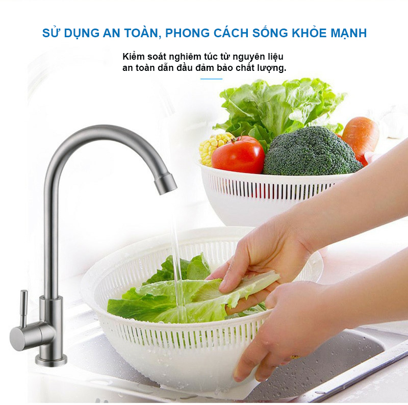 Vòi rửa bát inox 304 Pimisi gắn chậu rửa bát 1 đường nước lạnh đơn cho mọi loại chậu rửa chén phổ biến trong nhà bếp | Hàng chính hãng