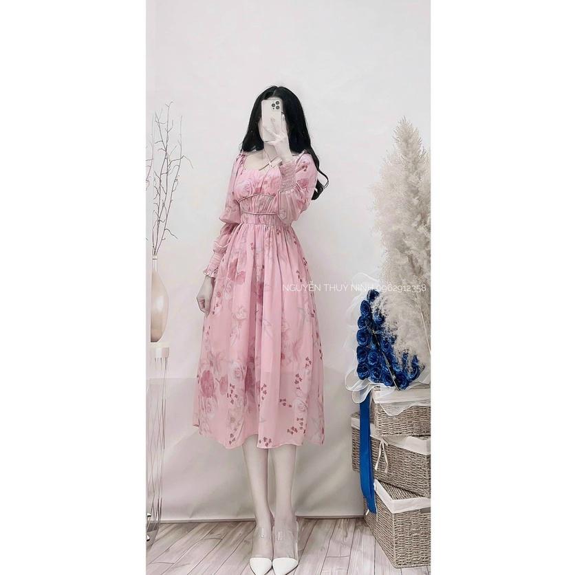 T105 maxi dáng xòe voan hoa tay dài dây chéo cổ đi biển