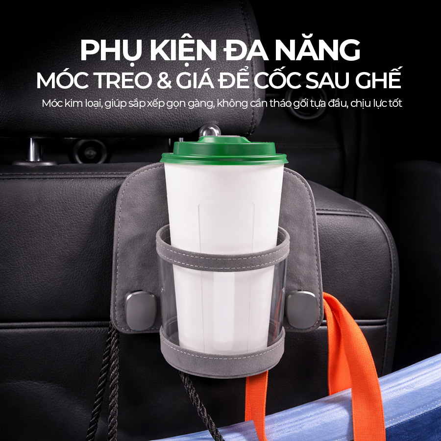 Móc Treo Đa Năng Có Hộc Đựng Ly Trên Ô Tô CIND BO-L021 Bằng Kim Loại Bọc Da Lộn Màu Xám Sang Trọng Cho Nội Thất Xe - Nhập Khẩu Chính Hãng