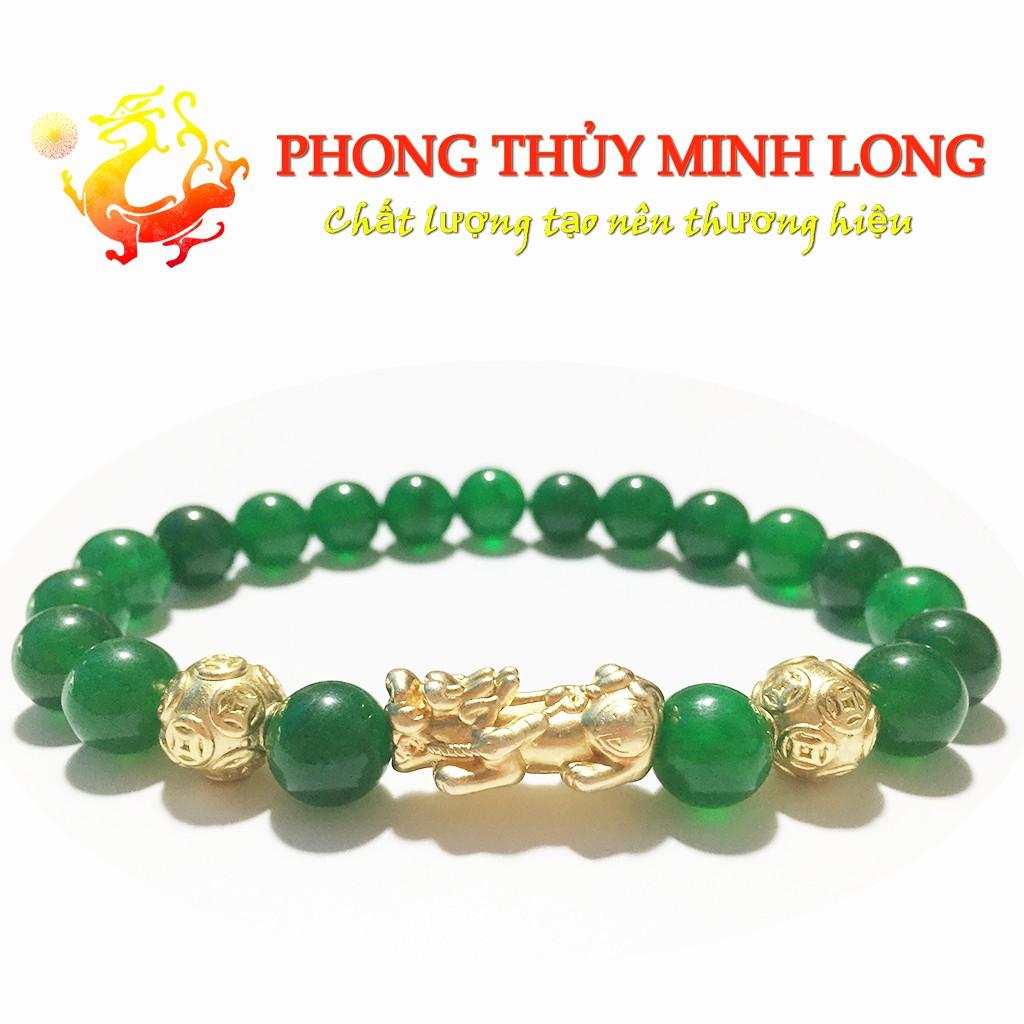 Vòng tay đá Mã Não Xanh 3A mix tỳ hưu và 2 hạt kim tiền Vàng hợp mệnh Hỏa và Mộc