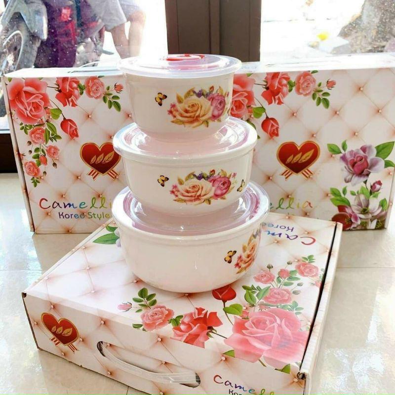 Bộ ba bát thố canh tô cơm sứ có nắp hút chân không, quai cầm để lò vi sóng, tủ lạnh chịu nhiệt cao
