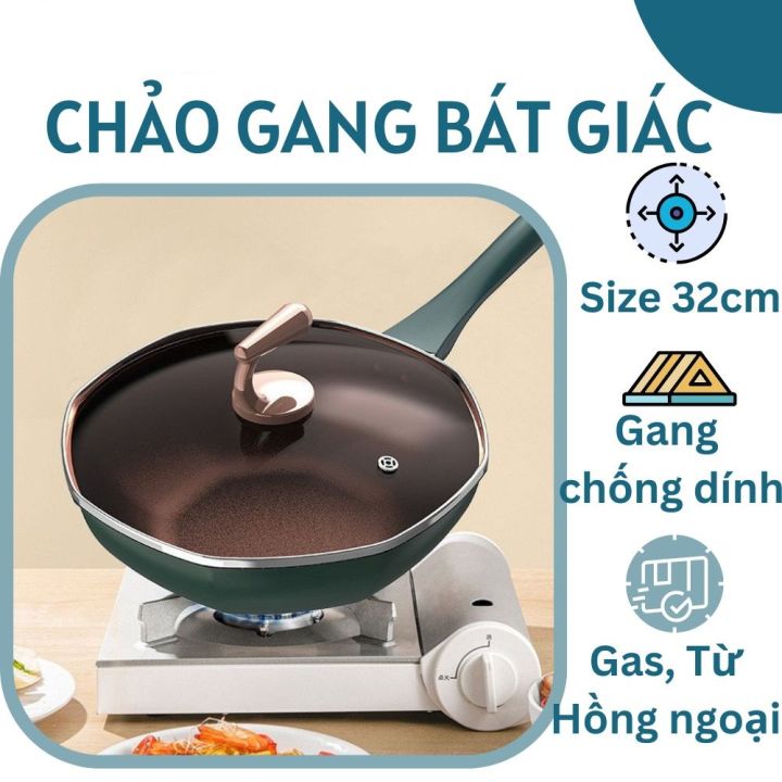 Chảo bát giác sâu lòng có kèm nắp kính cường lực trong suốt đường kính 32cm, dễ dàng nấu và chế biến các món xào, rán đa năng - Chảo chống dính đáy từ cao cấp dùng cho mọi loại bếp