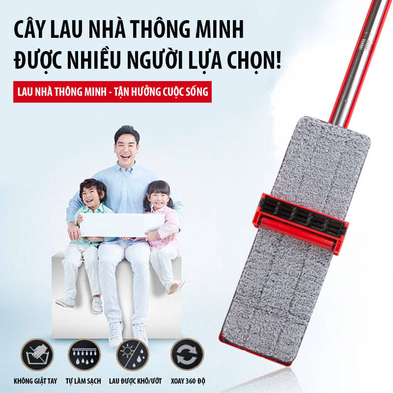 Cây lau nhà tự vắt thông minh chổi lau nhà 360 độ, kèm 2 miếng lau Kitimop-RED, vắt kiệt nước dễ dàng, cầm nhẹ tay, chổi lau nhà thông minh