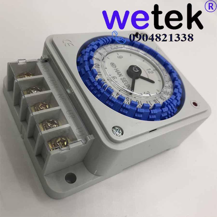 Timer 24h Hanseung, loại cơ, HTS 24 BB, có pin tự sạc, cài theo 10 phút, Hàn Quốc, cặp tiếp điểm ra 16A, 110Vac~220Vac