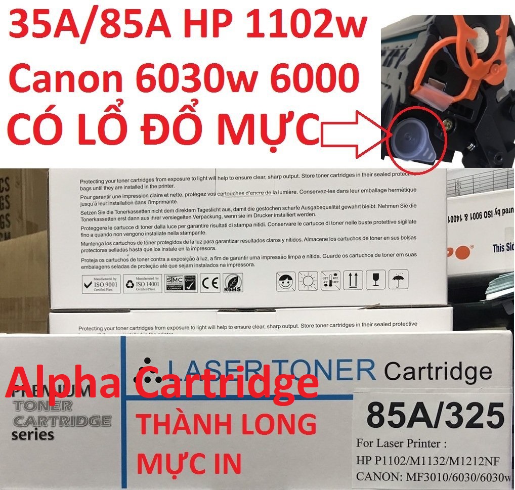 Hộp Mực 85A dành cho Canon 6030w F158200 F166400 6000 6030 3050 6018 312-325 MF 3010 Mực in HP P1102 P1102w M1136 M1130 M1132mf M1212nf M1139 -Có Lỗ Đổ Mực- Hàng chính hãng Alpha Cartridge