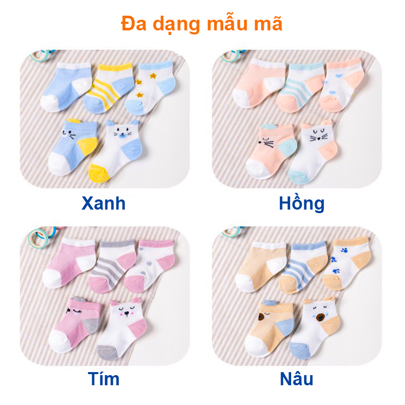 Tất cho bé gái và bé trai hình thú Baby-S, Set 5 đôi tất lưới cho bé 0-2 tuổi chất cotton co giãn – ST002