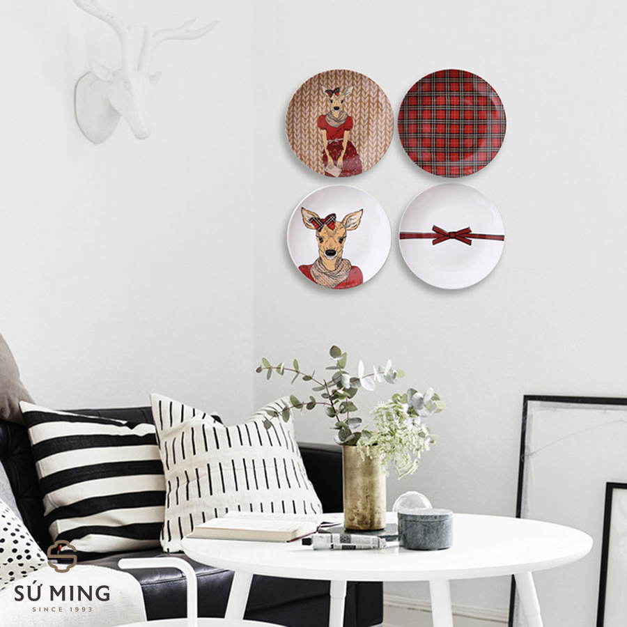 Bộ 4 Đĩa Sứ Decor Treo Tường Nai Đỏ, Trang Trí Nhà Cửa, Bàn Ăn