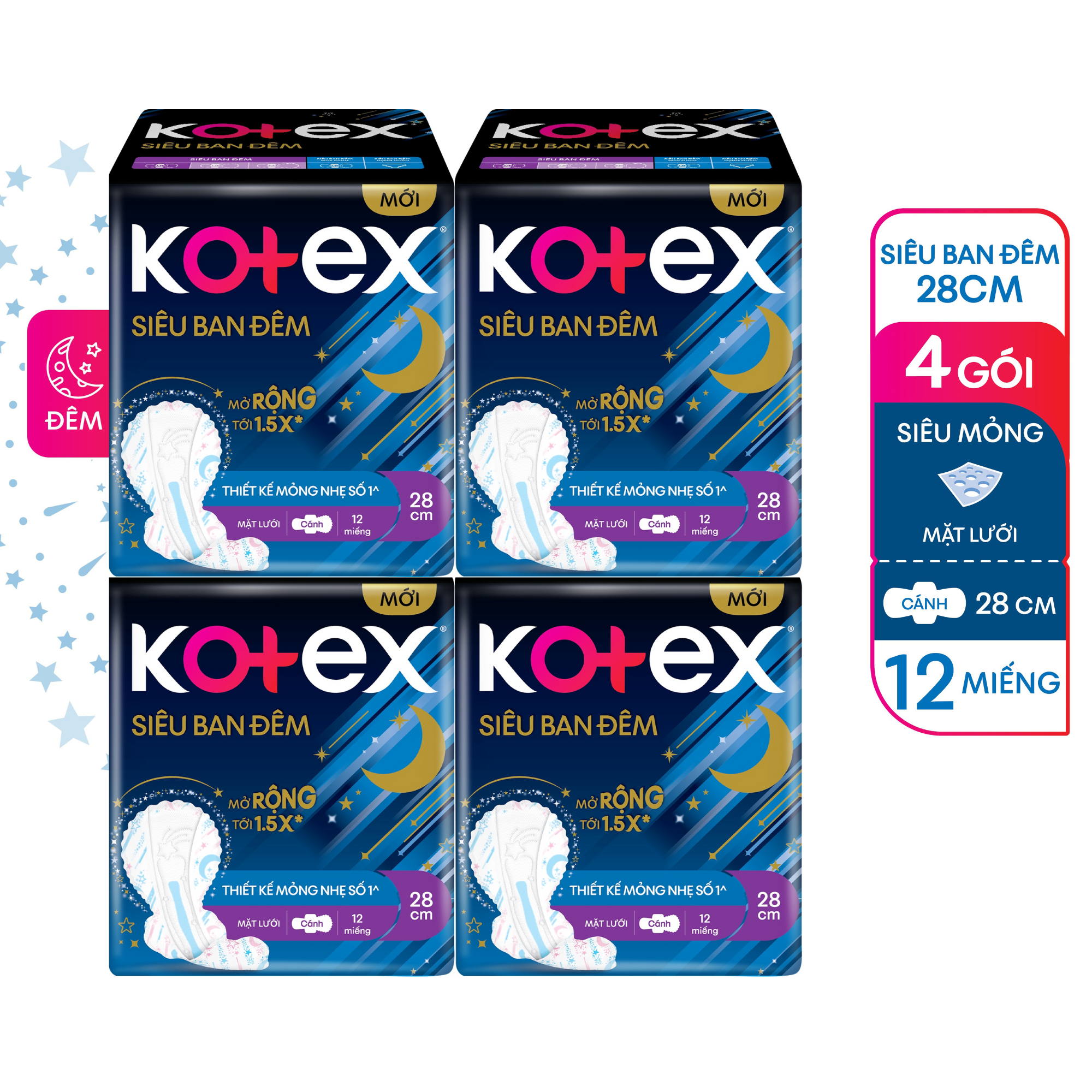 Combo 4 Băng Vệ Sinh Kotex Siêu Ban Đêm 28cm 12 miếng