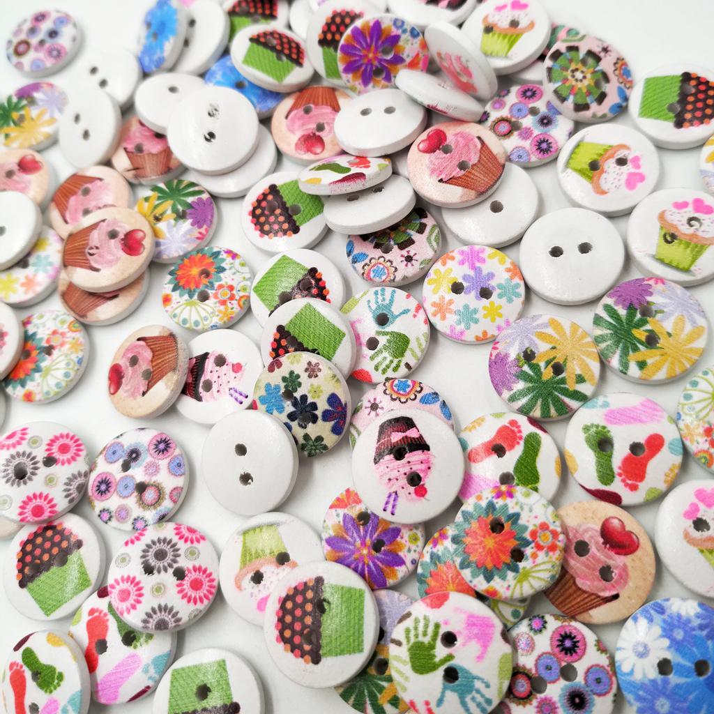 100pcs Mixed 2 Holes Wood Round Buttons for Sewing Scrapbooking Crafts 15mm
