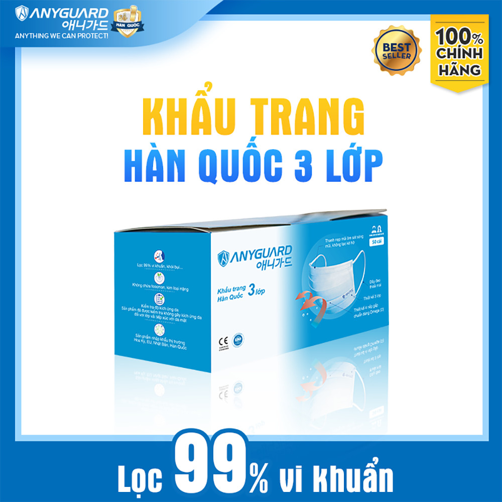 Khẩu Trang Y Tế Hàn Quốc Chính Hãng ANYGUARD 3 Lớp Kháng Khuẩn, Vải Mịn An Toàn Cho Da Nhạy Cảm - Dành Cho Người Lớn (Hộp 50 cái)