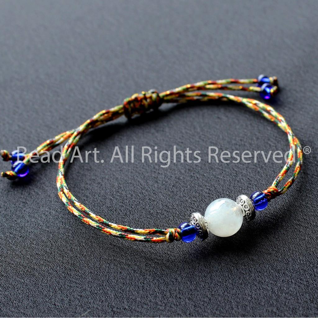 Vòng Tay Thắt Dây Ngũ Sắc Đá Mặt Trăng, Đá Moonstone Tự Nhiên Ánh Cầu Vồng Và Bạc 925, Vòng Tay Phong Thuỷ, Mệnh Kim, Thuỷ - Bead Art