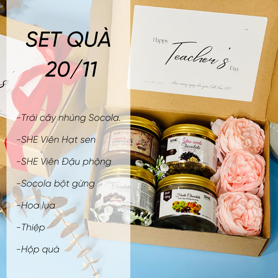 [Set 7 món 20.11] Quà tặng ý nghĩa 20.11 - SHE Chocolate. Socola, hoa lụa Hồng, thiệp Thank you. Quà tặng đặc biệt