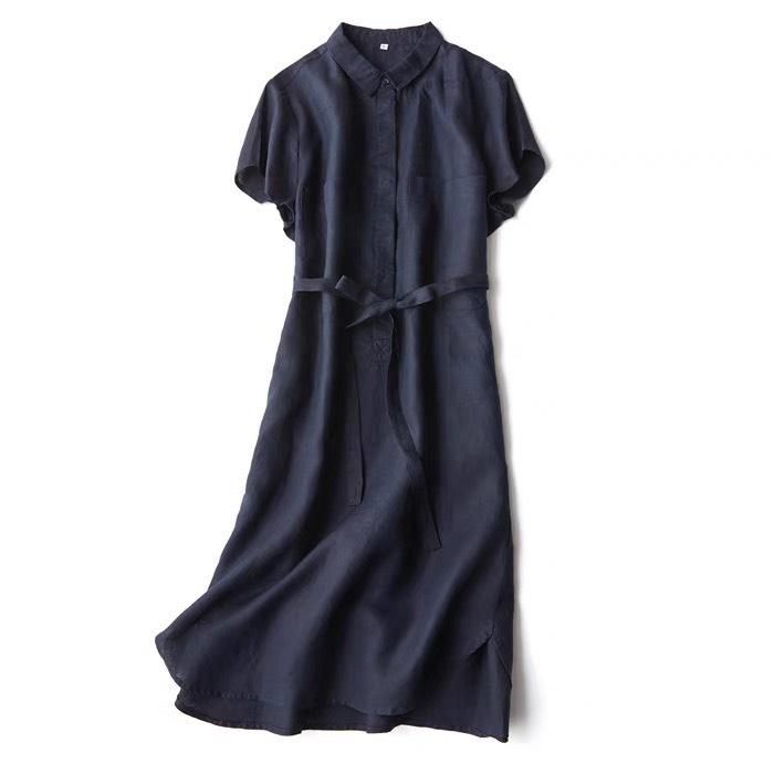 Đầm suông công sở linen cổ đức lượn đuôi tôm 2 túi ngực trẻ trung, thời trang hè thu 2022